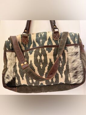 Myra Bag Cream & Olive Ikat Tote with Brown Leather Accents